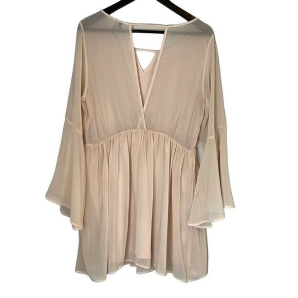 Paper Crane Womens Flare‎ Sleeve Dress Tunic Sheer Mini Cutout Beige Size XL - Picture 3 of 10